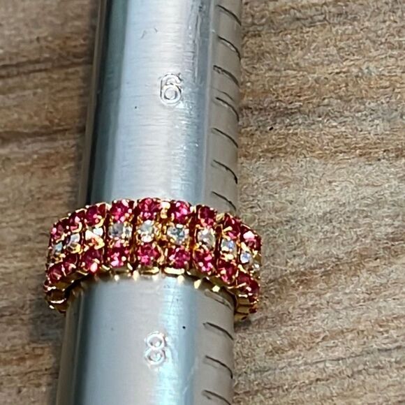 Pink Rhinestone In Gold Tone Stretch Band Ring - Picture 4 of 5